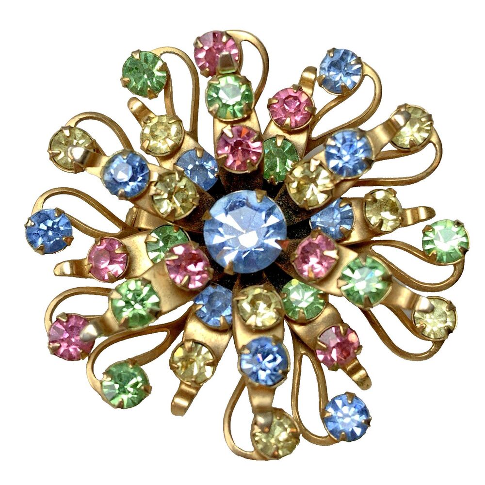 Vintage Rhinestone Starburst Brooch Pastel Gold Tone Atomic Mid Century 2"